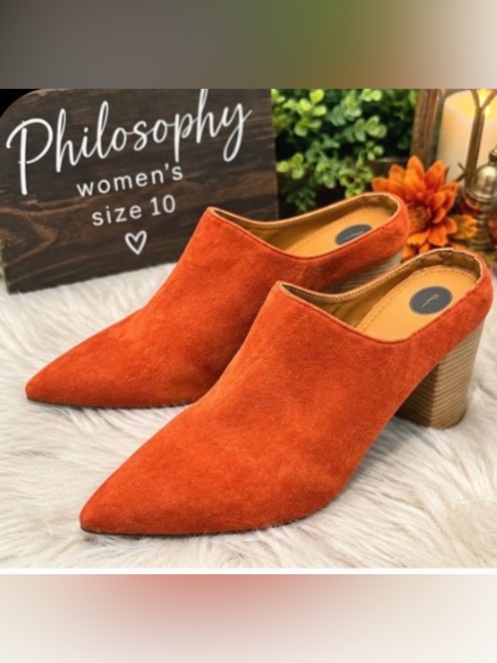 Philosophy Women's Burnt Orange Suede Pointed-Toe Mule Heels size 10
